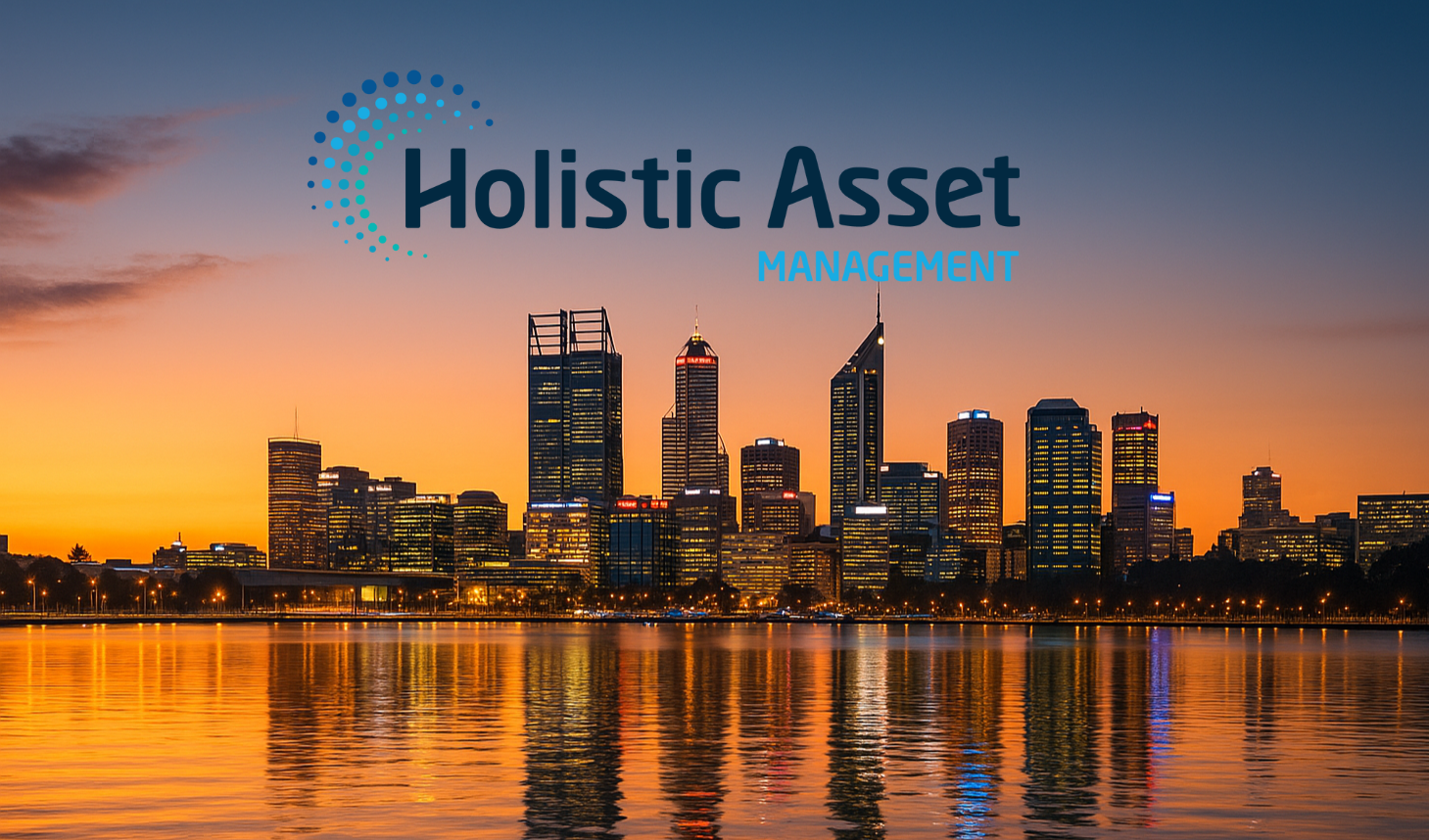 Perth city skyline at sunset over the Swan River, representing Holistic Asset Management’s new Perth office supporting mining, oil and gas, utilities, and manufacturing industries in Western Australia.